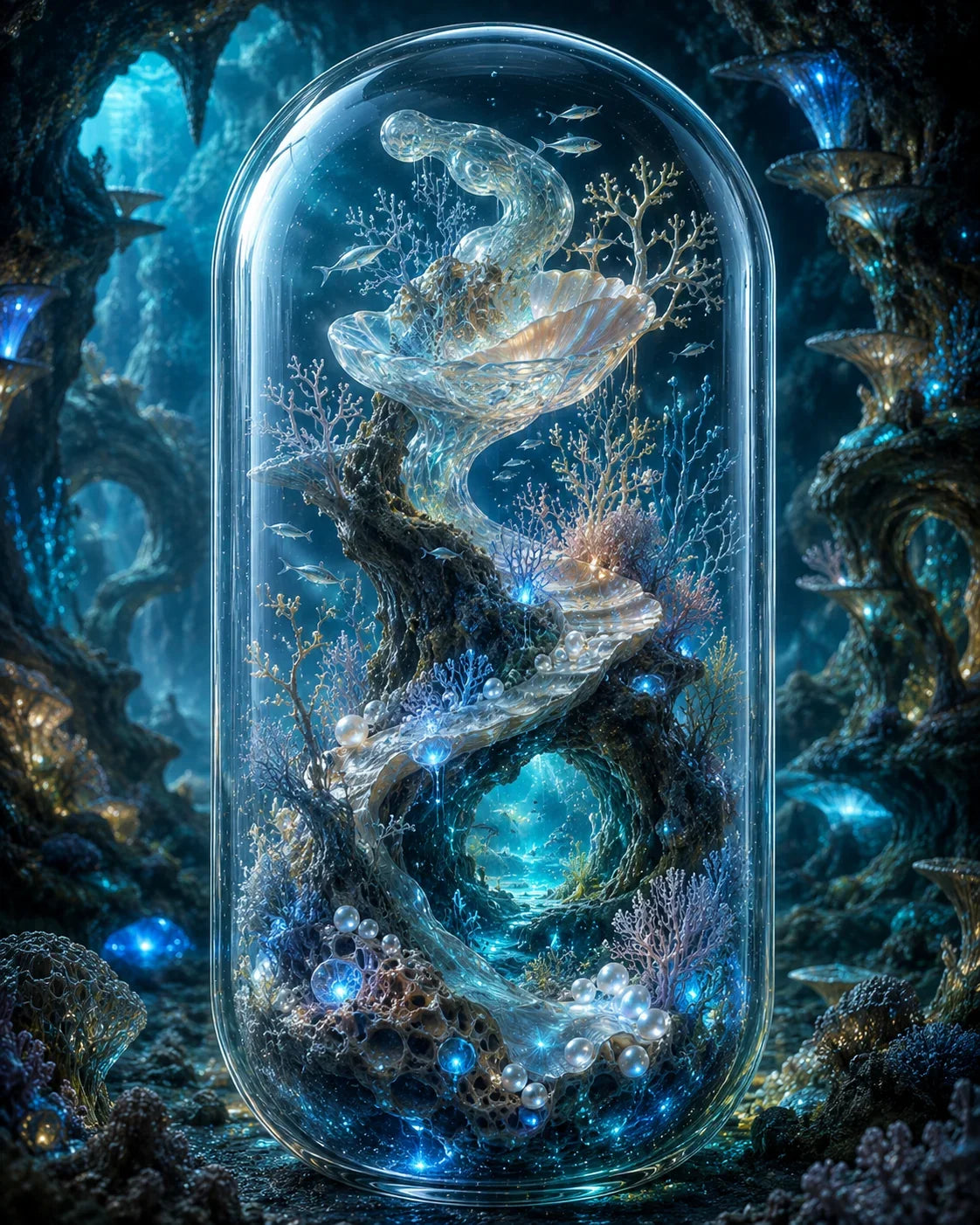 Fantasy underwater scene with a glowing blue light and intricate marine life inside a glass dome. Fish Collagen & Hyaluronic Acid Capsules | The Maritime Foundation