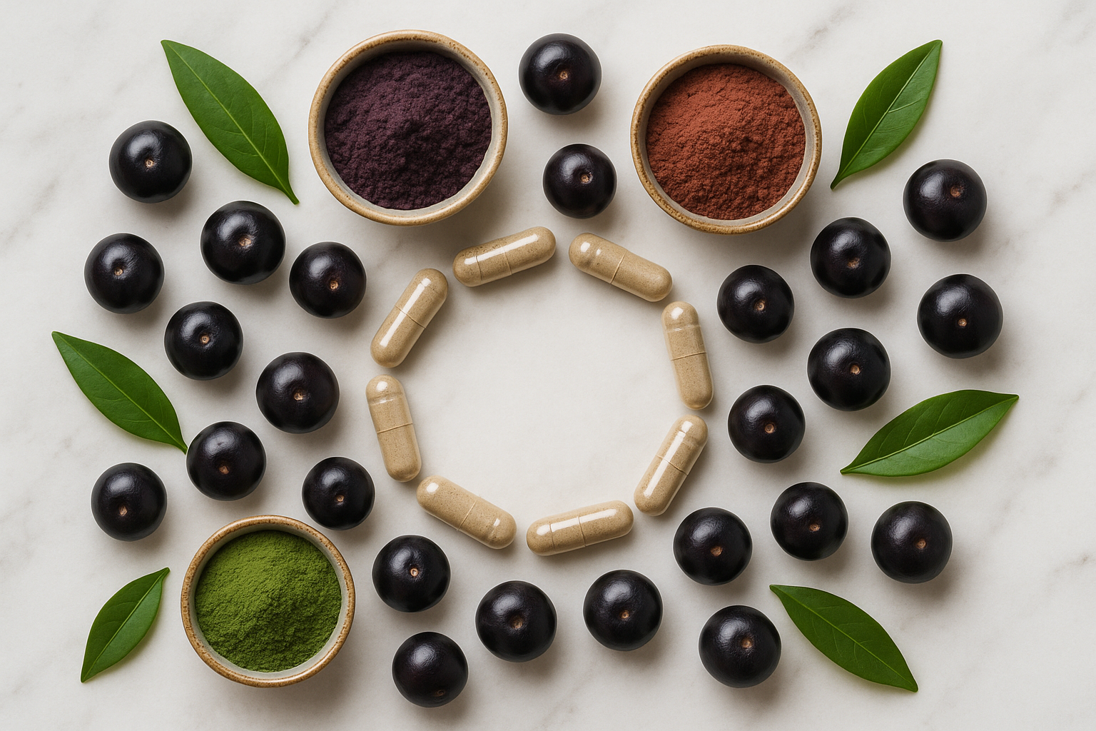 Flat lay acai capsules composition