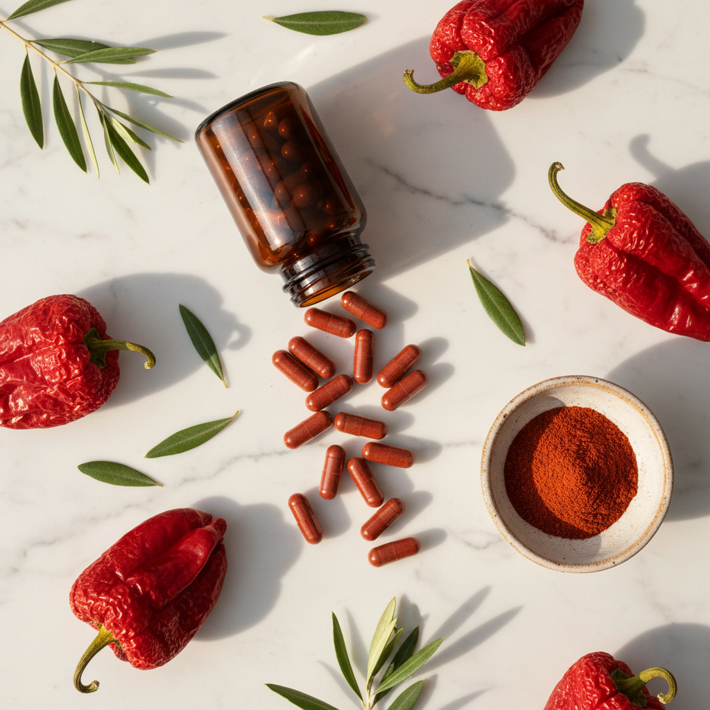 Red peppers, a bottle of capsules, and a bowl of red powder on a marble surface.