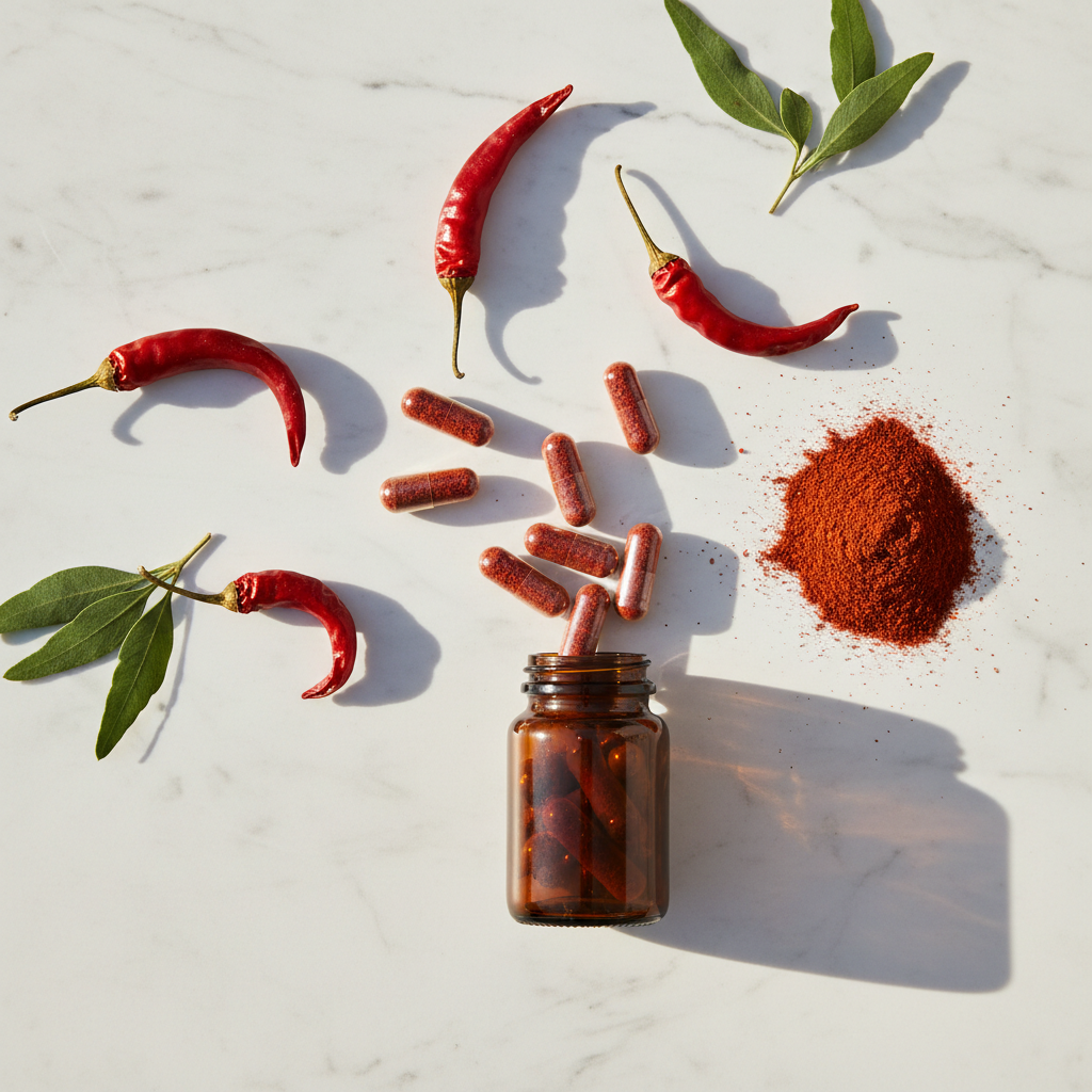 Red peppers, a bottle of capsules, and red powder on a light surface