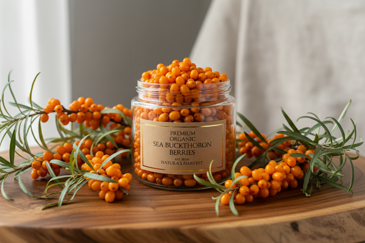 Glass jar with sea buckthorn berries