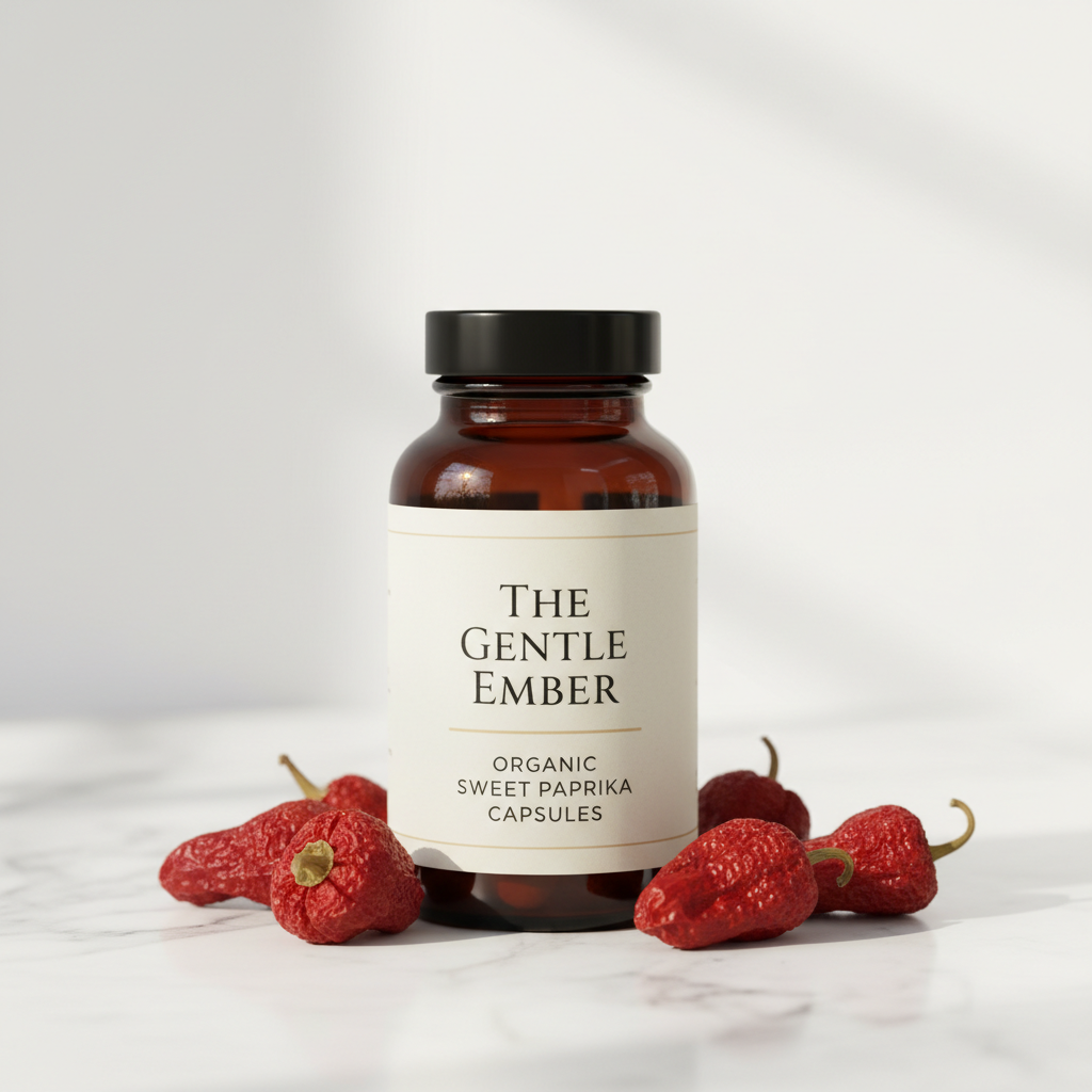 Bottle of 'The Gentle Ember' organic sweet paprika capsules with paprika pods on a white background