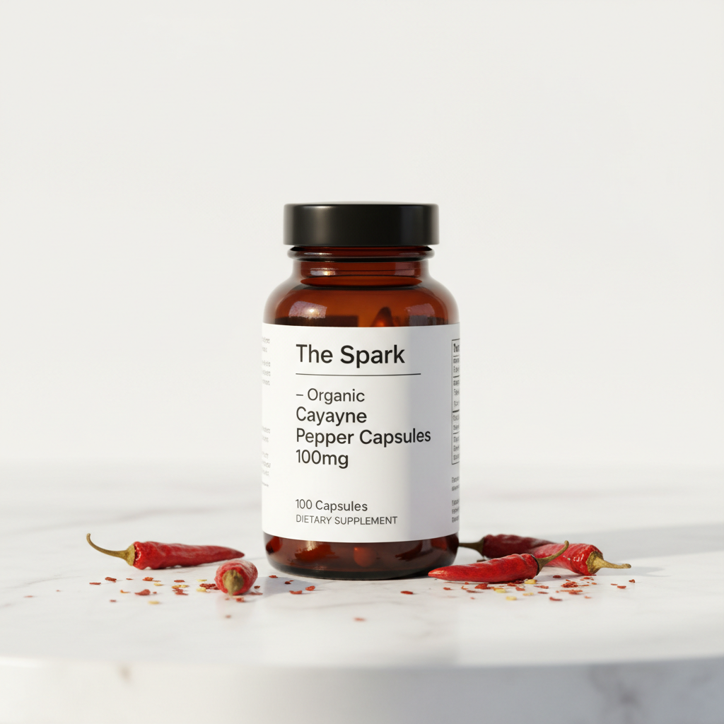 Bottle of 'The Spark' Organic Cayenne Pepper Capsules on a white background with red peppers.