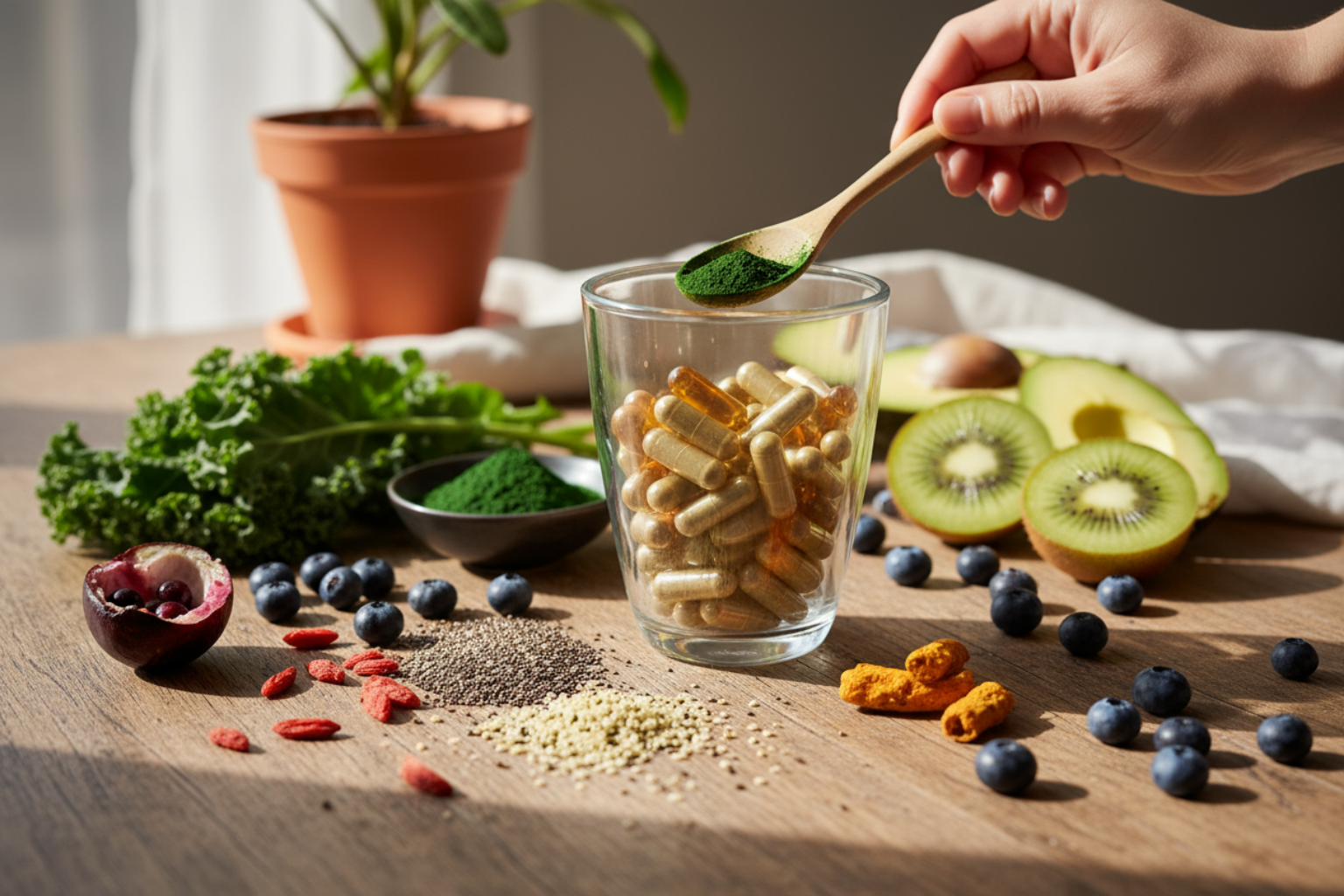 Hand holding a spoon over a glass of capsules with health foods on a table