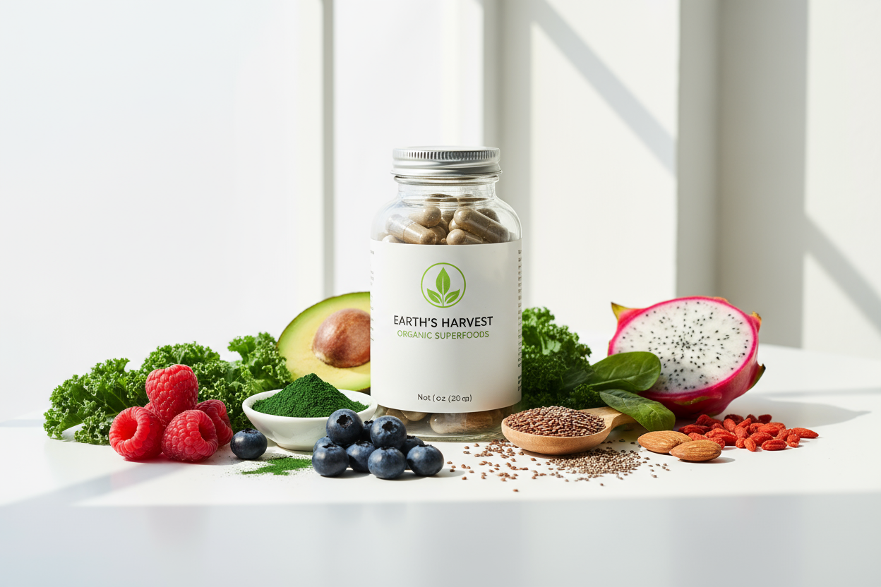 Vitamins on a table with fresh produce, including an avocado, dragon fruit, and berries, on a white background.