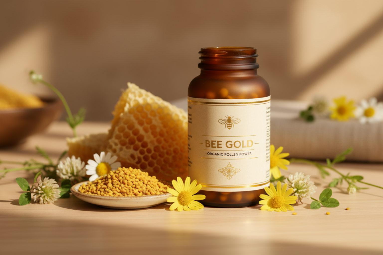 Bottle of 'Bee Gold' organic pollen power with honeycomb and flowers on a wooden surface