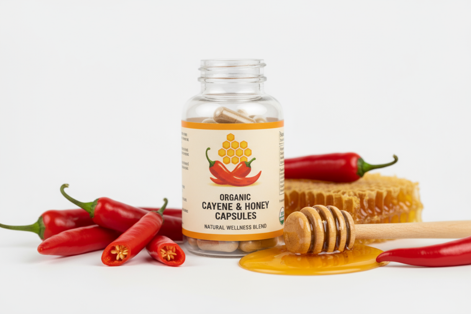 Bottle of Organic Cayenne & Honey Capsules with chili peppers and honeycomb on a white background