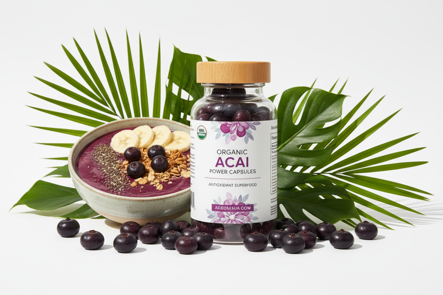 Bottle of Organic Acai Power Capsules with a bowl of acai bowl and acai berries on a white background