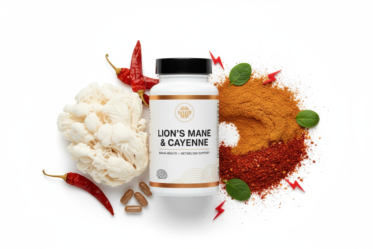 Supplement bottle labeled 'Lion's Mane & Cayenne' surrounded by brain, red peppers, and spices on a white background