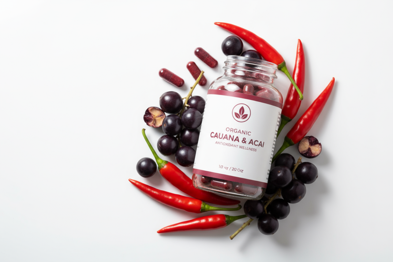 Supplement bottle labeled 'Cauana & Acai' surrounded by grapes and red peppers on a white background