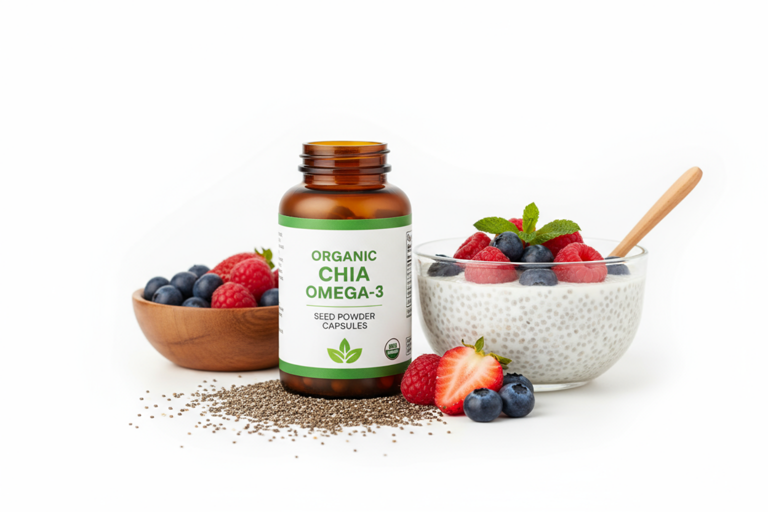Bottle of Organic Chia Omega-3 supplement with chia seeds and a bowl of chia pudding with berries on a white background