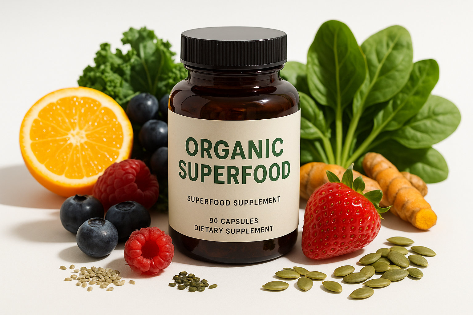 Supplement bottle labeled 'Organic Superfood' surrounded by fresh fruits and vegetables on a light background