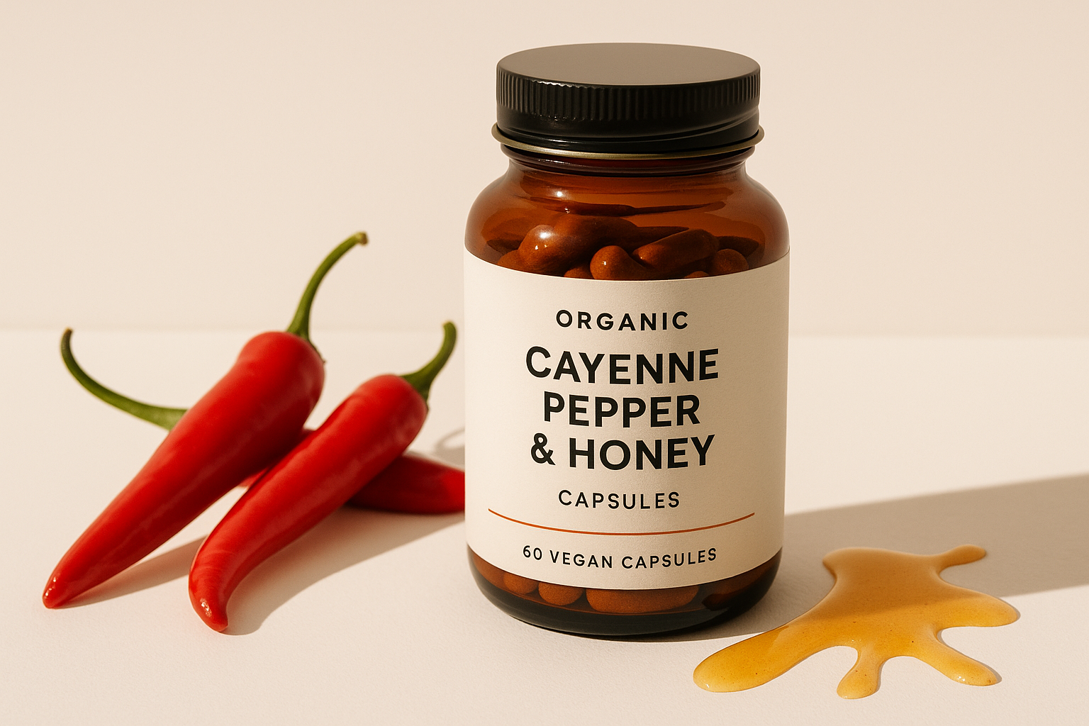 Bottle of Organic Cayenne Pepper & Honey capsules with cayenne peppers on a beige background