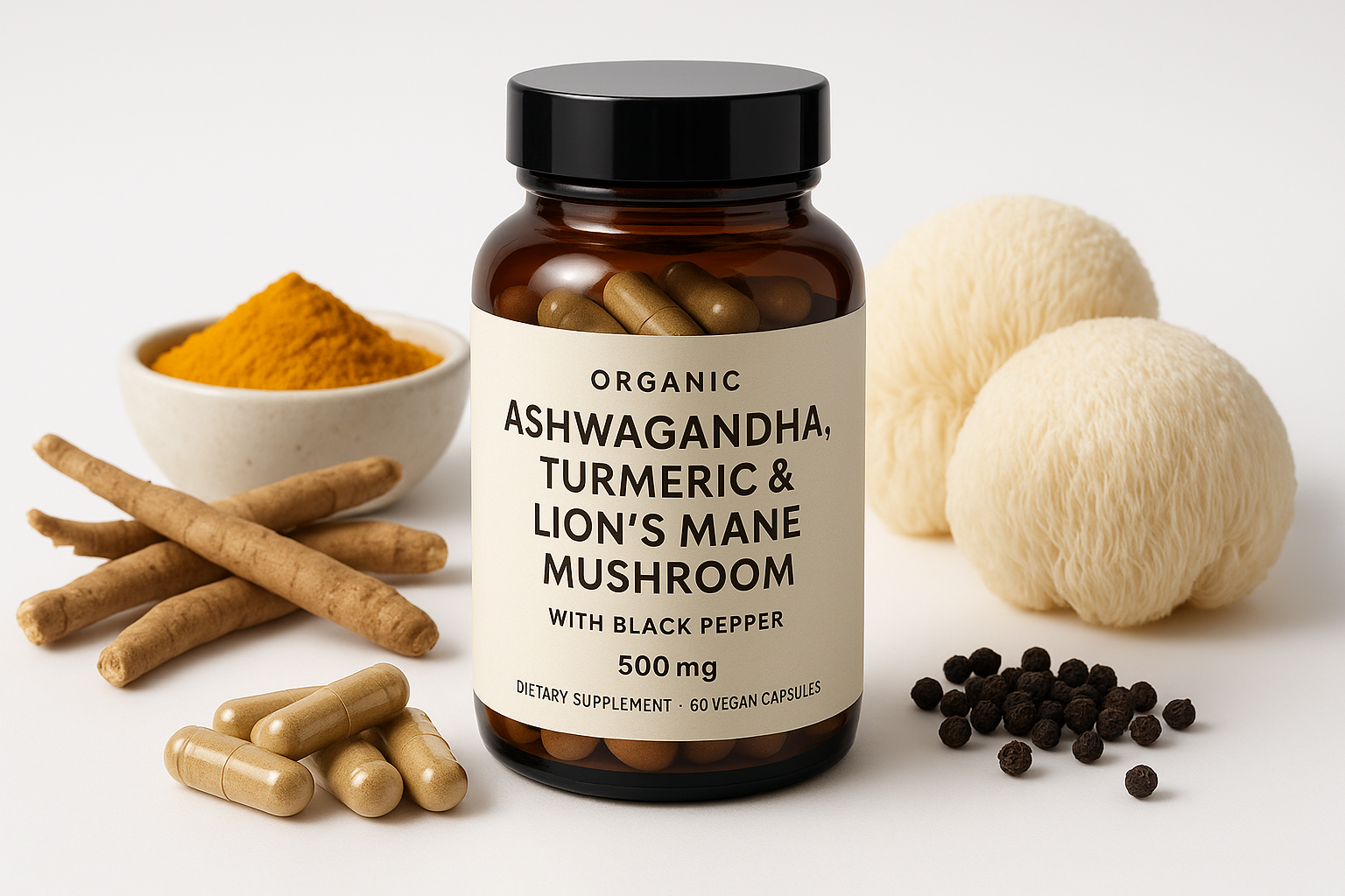 Ashwagandha Turmeric Lions Mane 500mg - Professional Product Photo