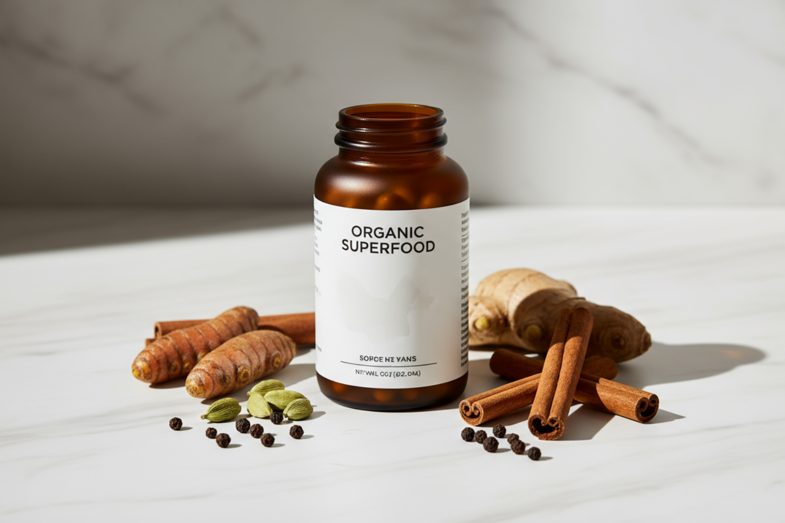 Bottle of organic superfood with spices on a light surface