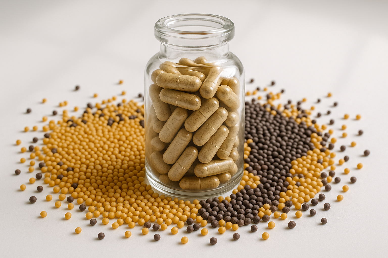 Jar of capsules surrounded by yellow and brown seeds on a light background
