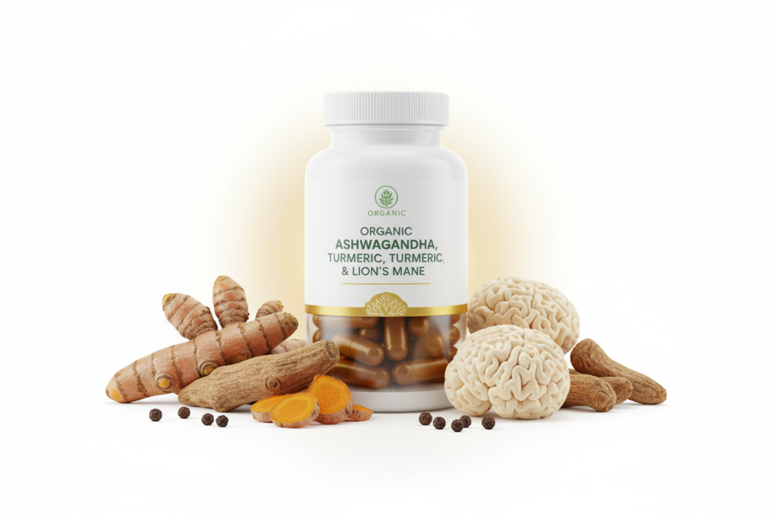 Supplement bottle with turmeric roots, ashwagandha roots, and a brain model on a white background