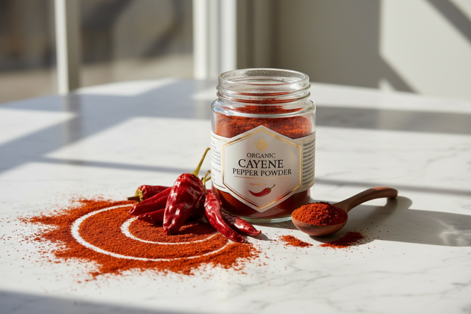 Organic Cayenne Pepper Powder in glass jar with fresh cayenne peppers