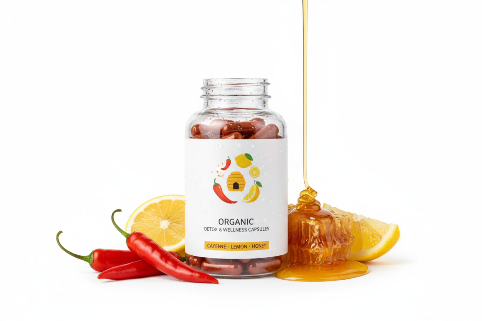 Jar of organic health supplements with lemon, honey, and red peppers on a white background