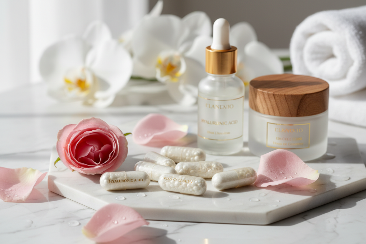 Hyaluronic acid fish collagen close-up with rose petals