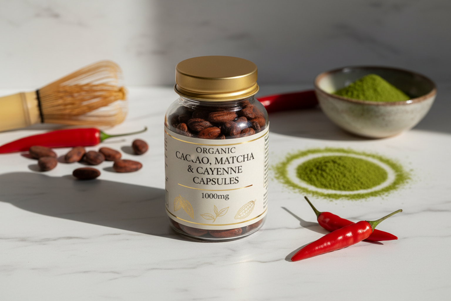 Organic Cacao Matcha and Cayenne Pepper Capsules with cacao beans matcha powder and cayenne peppers
