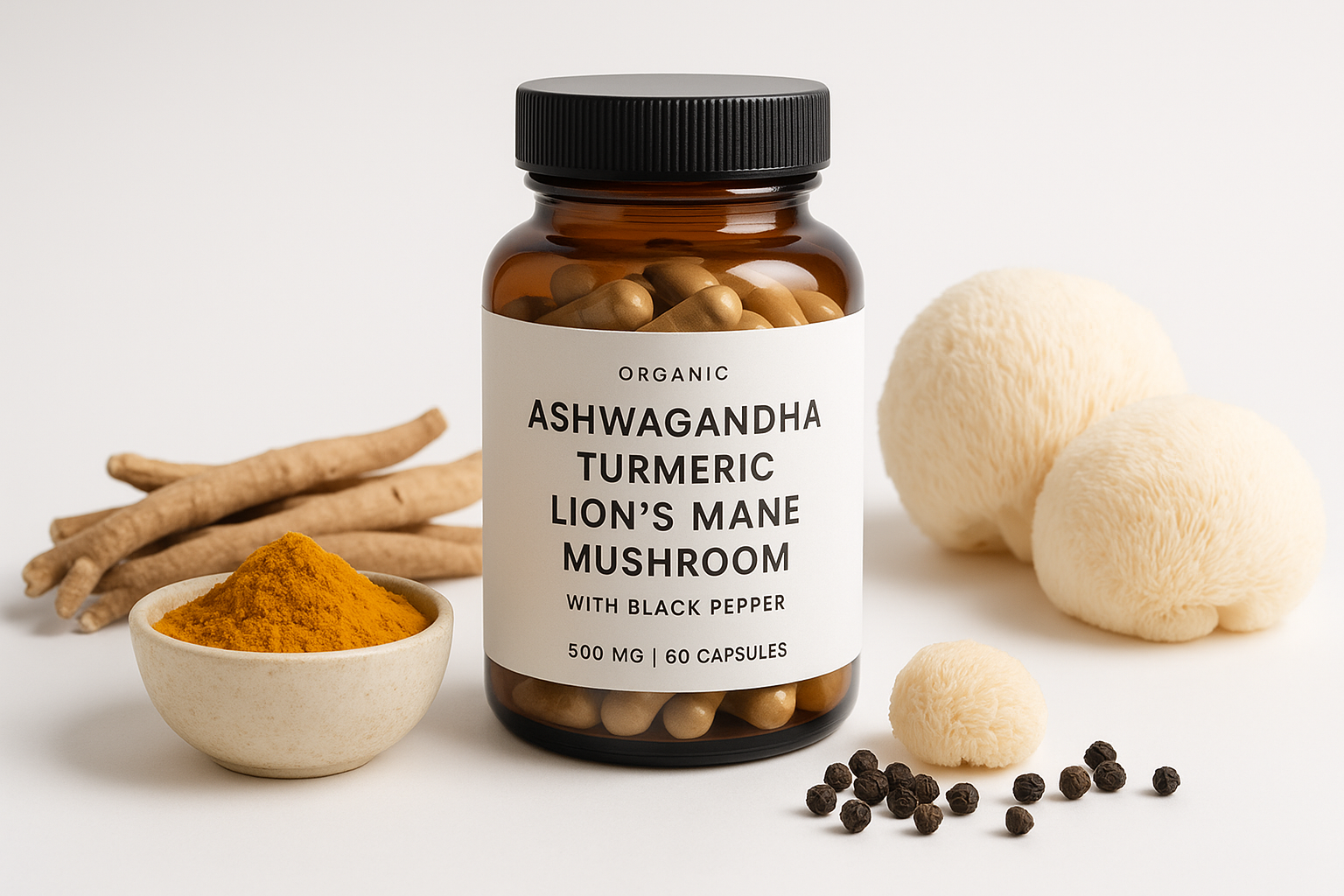 Ashwagandha Turmeric Lions Mane 500mg - Professional Product Photo