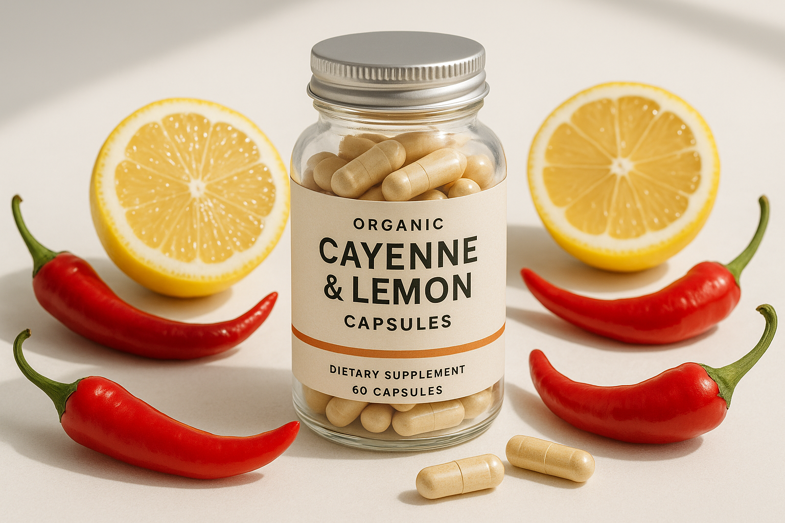 Jar of Organic Cayenne & Lemon Capsules with lemons and red peppers on a light background