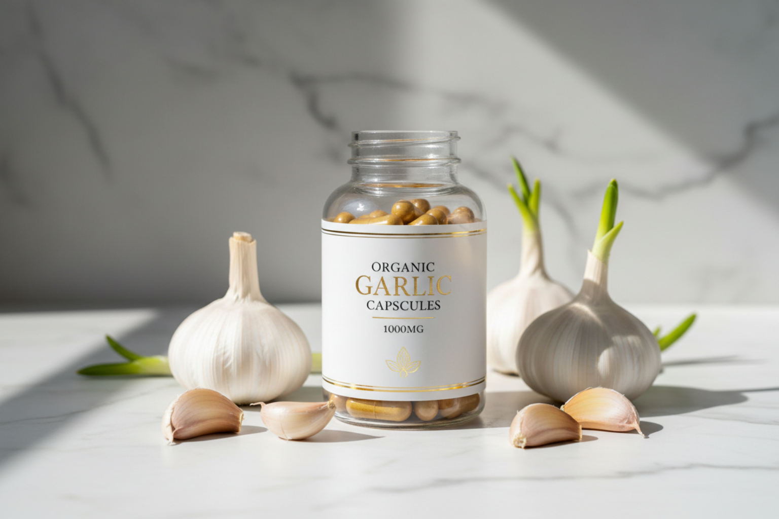 Organic Garlic Capsules supplement bottle with fresh garlic bulbs and cloves