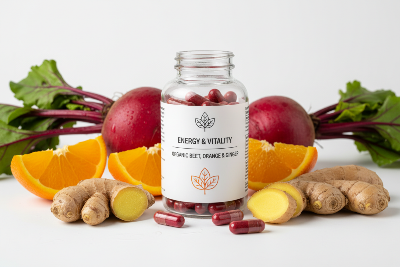 Supplement bottle labeled 'Energy & Vitality' with fruits and vegetables on a white background
