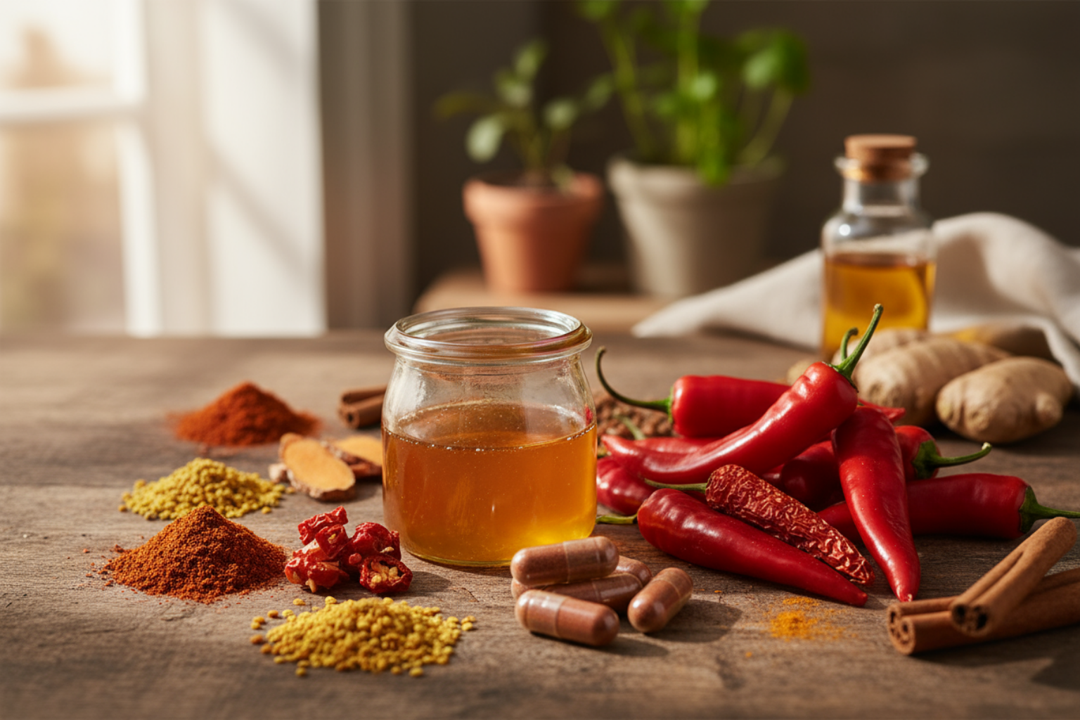 Spices and honey on a wooden surface with a blurred background