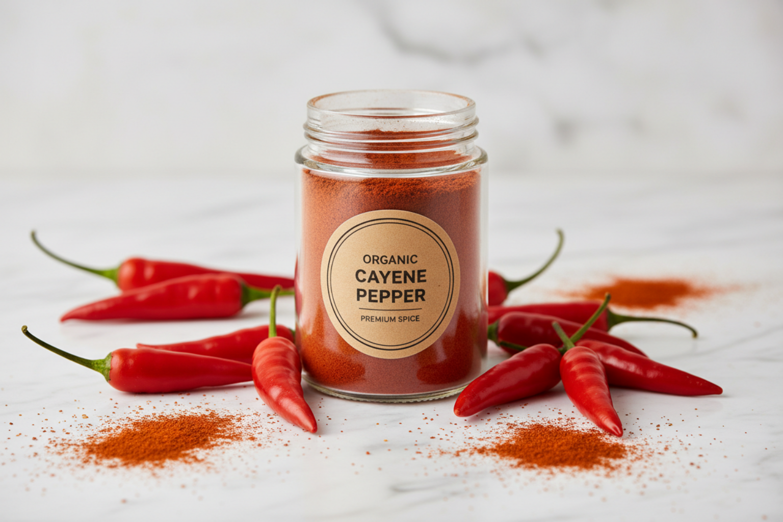 Organic Cayenne Pepper Powder close-up with fresh cayenne peppers
