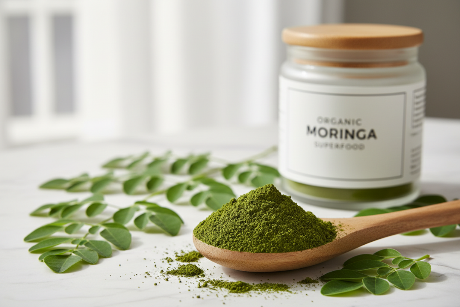Close-up of organic moringa powder on wooden spoon with fresh moringa leaves