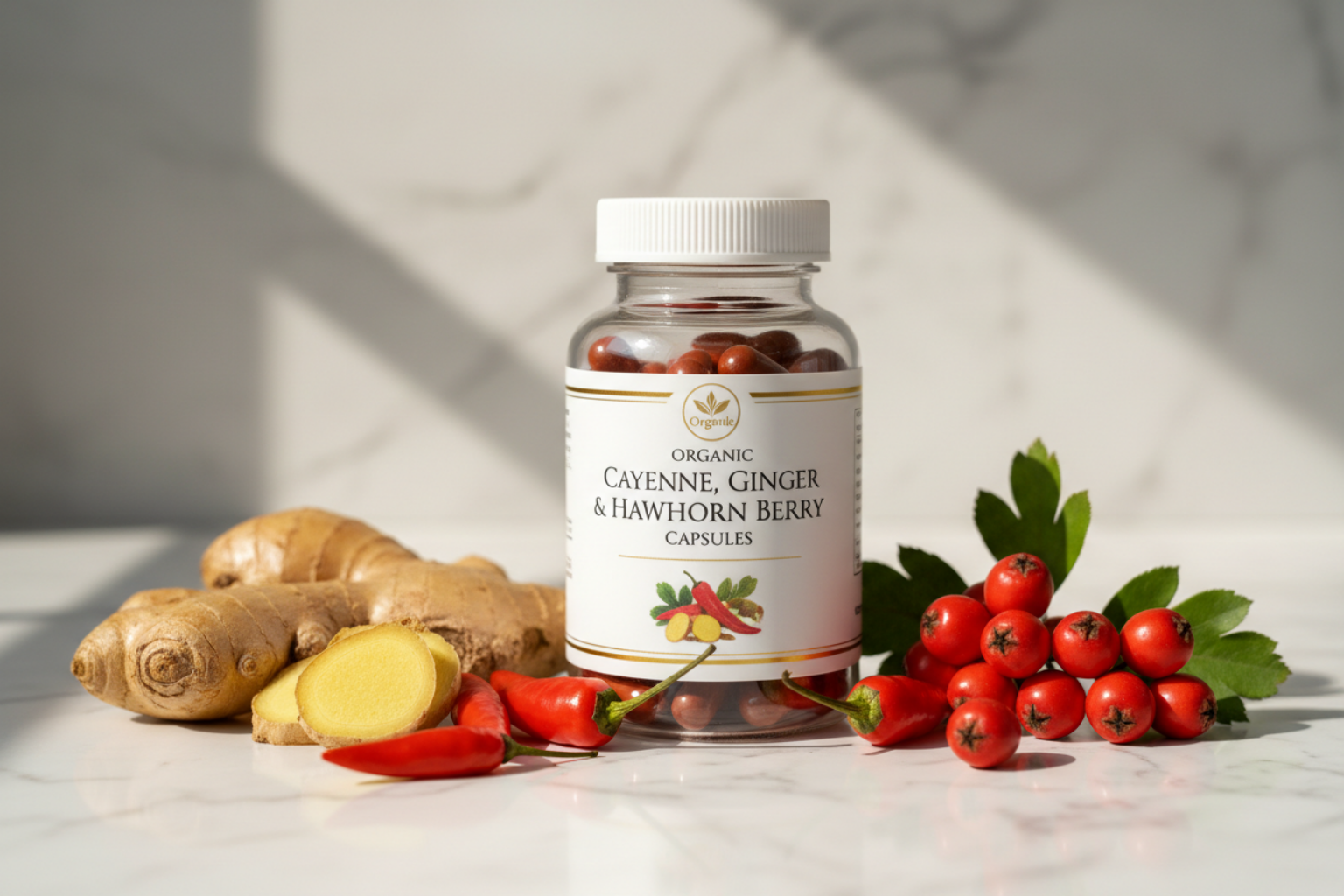 Organic Cayenne Ginger and Hawthorn Berry Capsules with fresh ingredients