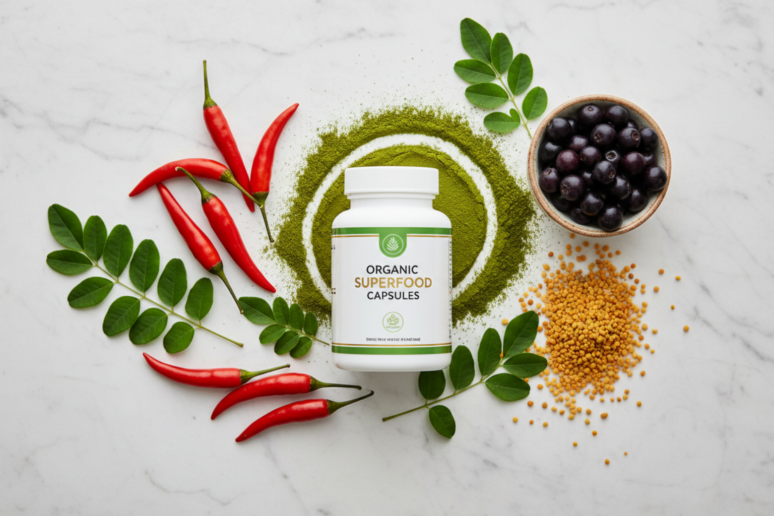 Superfood capsules flat lay with cayenne acai moringa and bee pollen