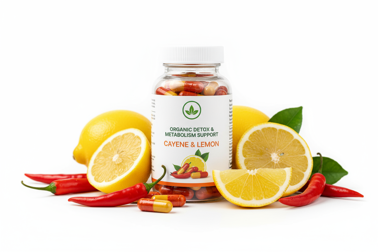 Supplement bottle with lemons, chili peppers, and capsules on a white background