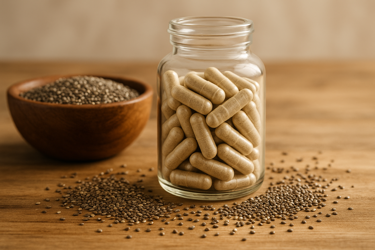 Glass jar filled with capsules on a wooden surface with chia seeds.