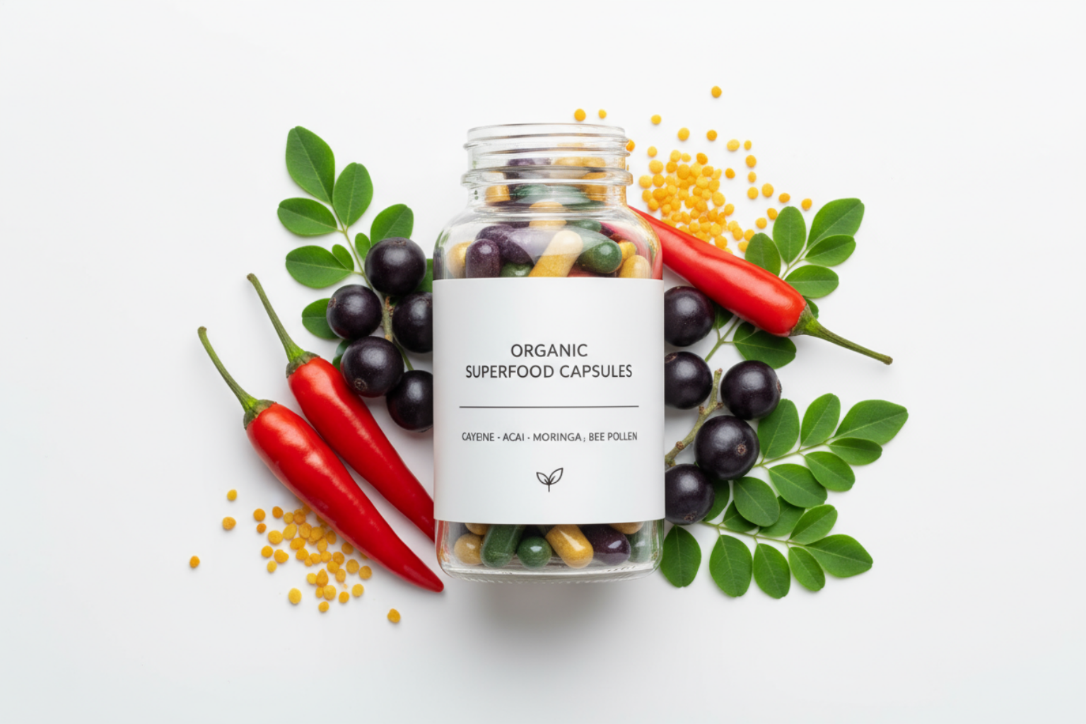 Jar of organic superfood capsules surrounded by fruits and vegetables on a white background