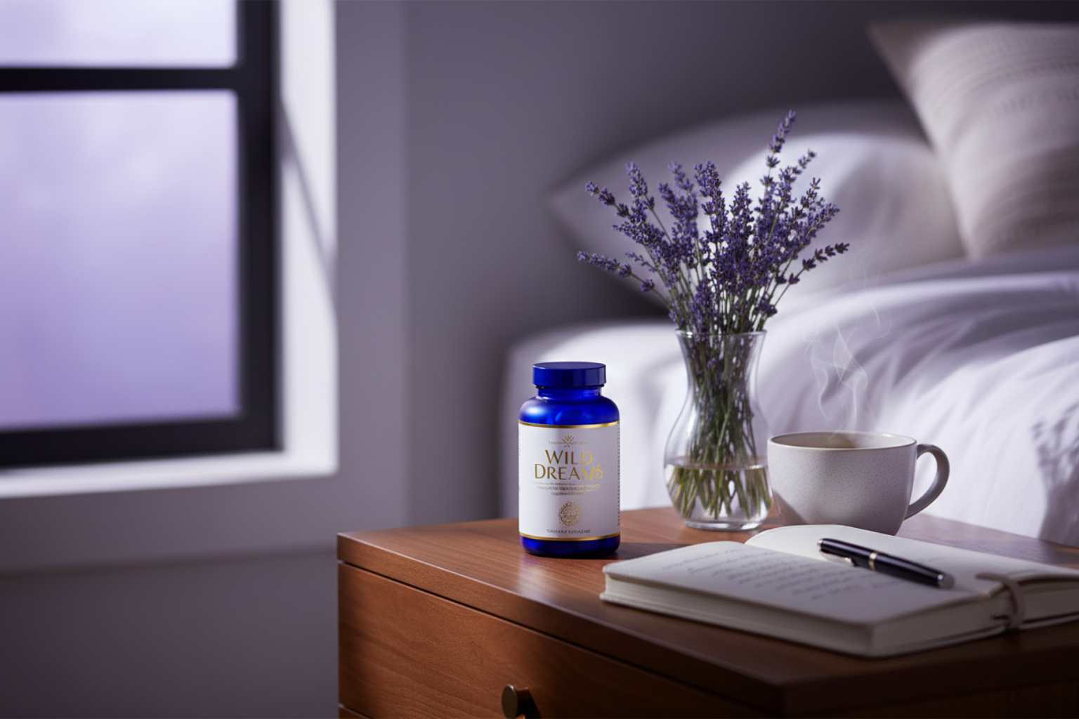 Wild Dreams capsules nighttime bedside scene with lavender and moonlight