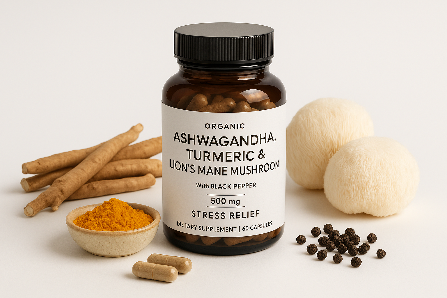 Ashwagandha Turmeric Lions Mane 500mg - Professional Product Photo