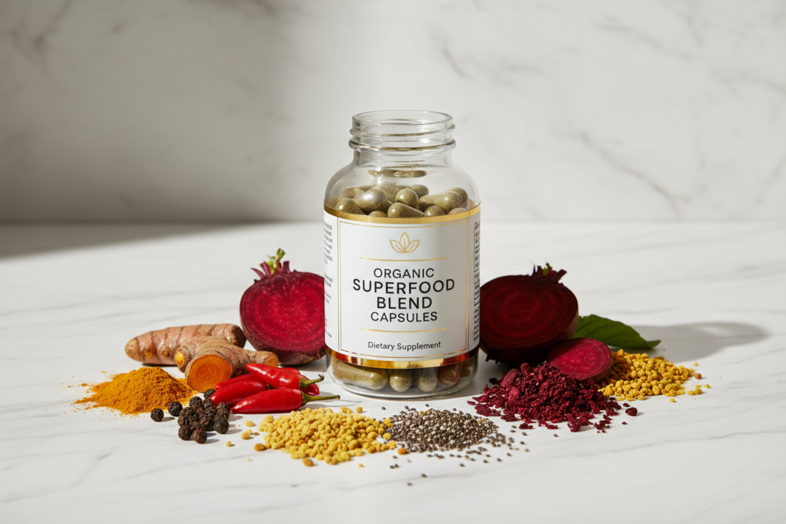 Organic Superfood Blend Capsules with turmeric, beetroot, cayenne, bee pollen, black pepper and chia seeds