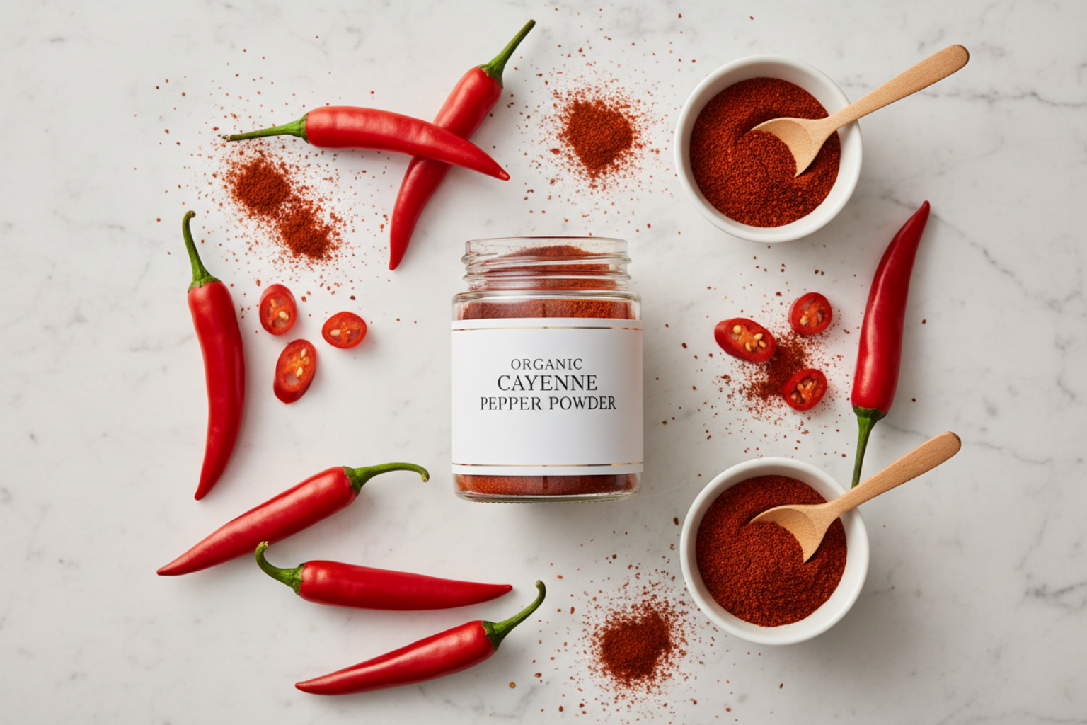 Organic Cayenne Pepper Powder flat lay with peppers and bowls