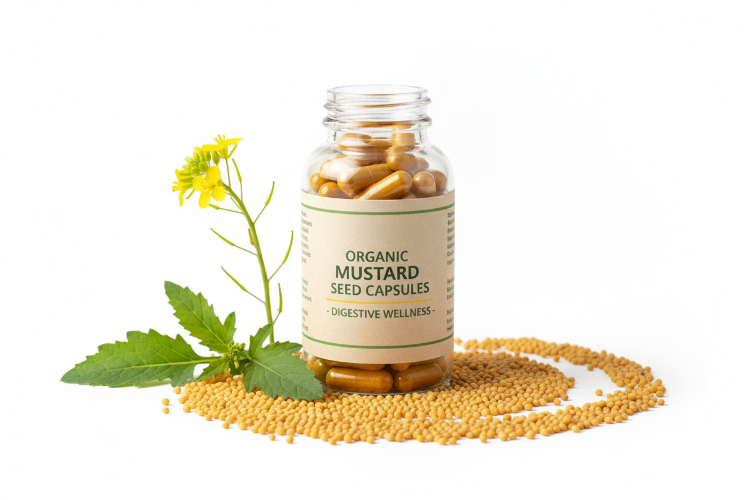Bottle of organic mustard seed capsules with mustard seeds and a flower on a white background