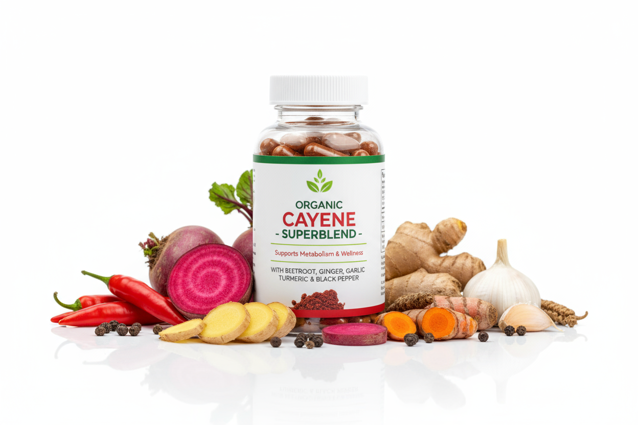 Bottle of Organic Cayenne Superblend with various spices on a white background