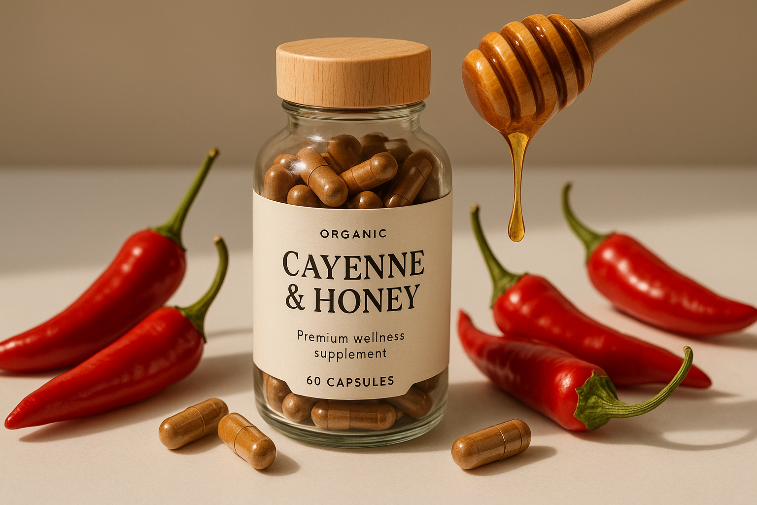 Jar of cayenne and honey capsules with red peppers and a honey dipper on a neutral background