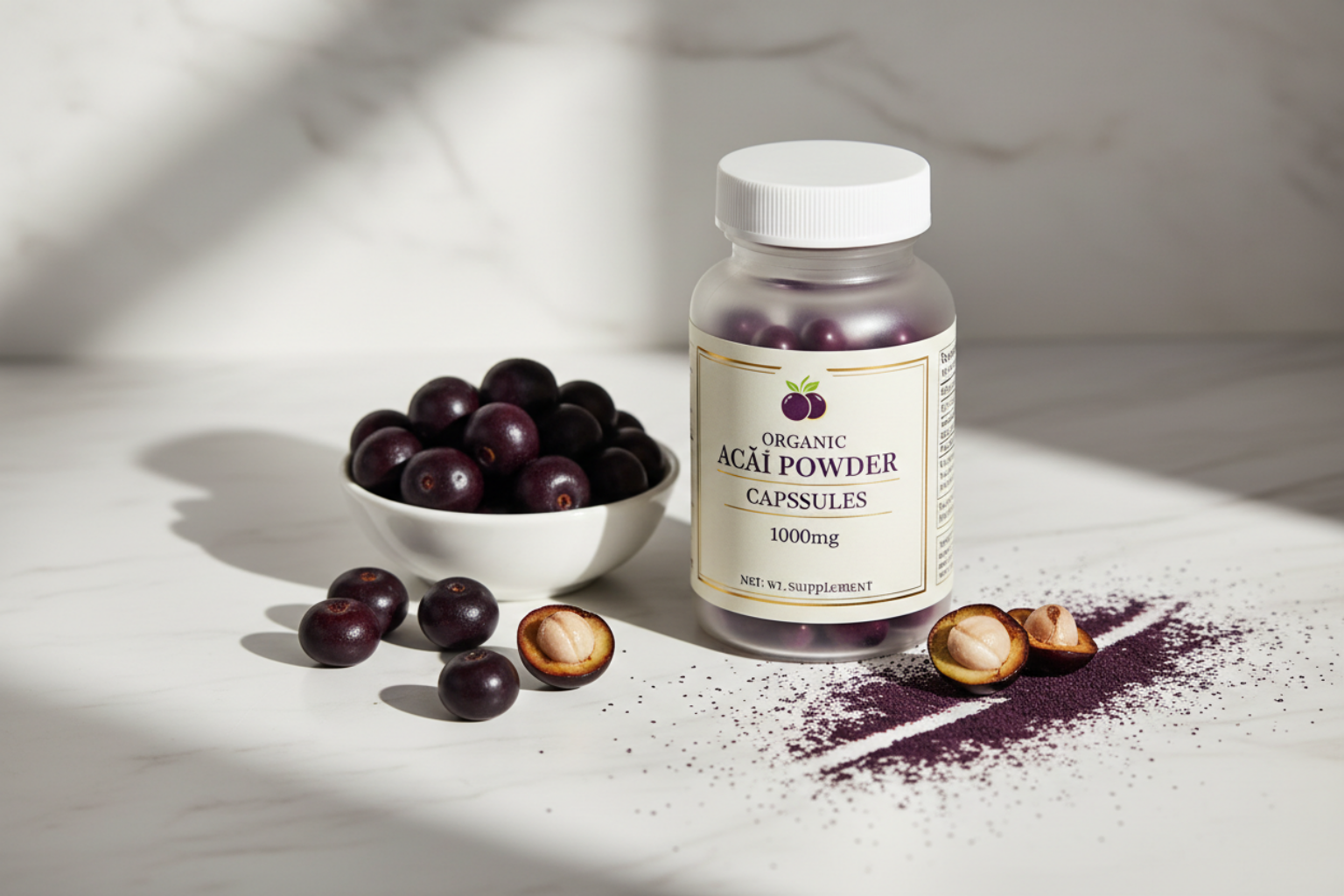 Organic Acai Powder Capsules with vibrant purple acai berries and powder