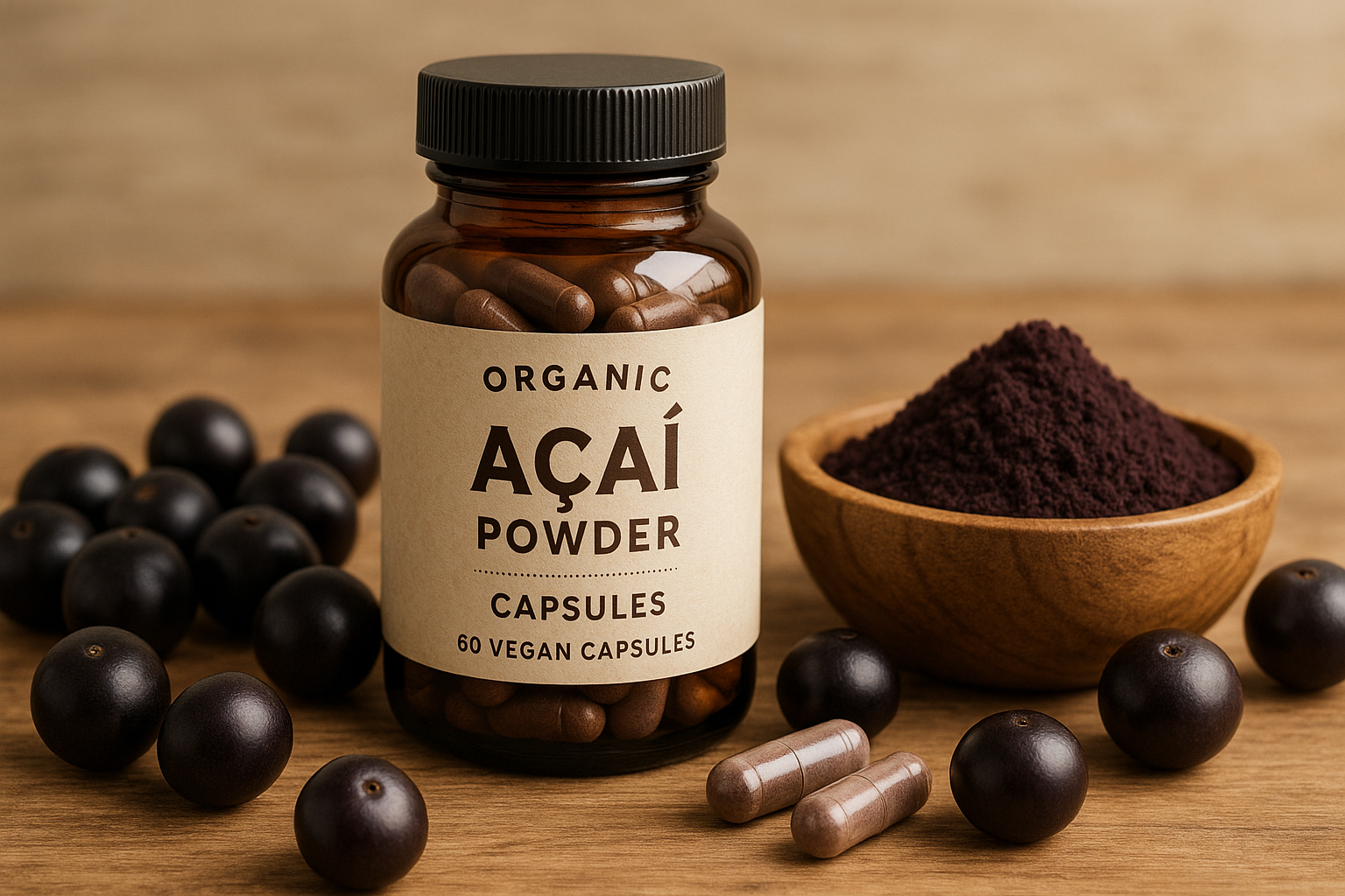 Jar of organic acai powder capsules with acai berries and powder on a wooden surface