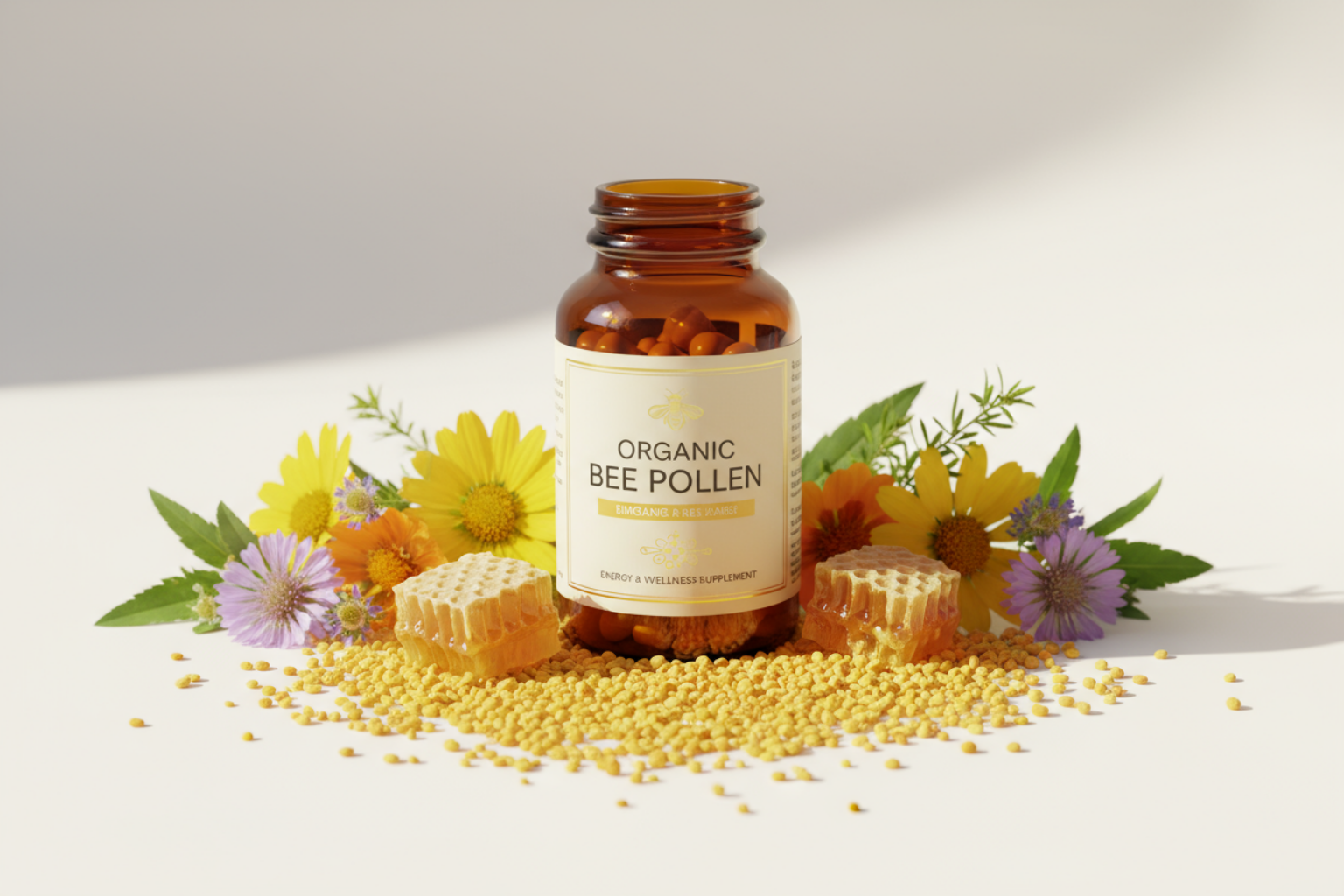 Bottle of organic bee pollen with flowers and pollen on a white background
