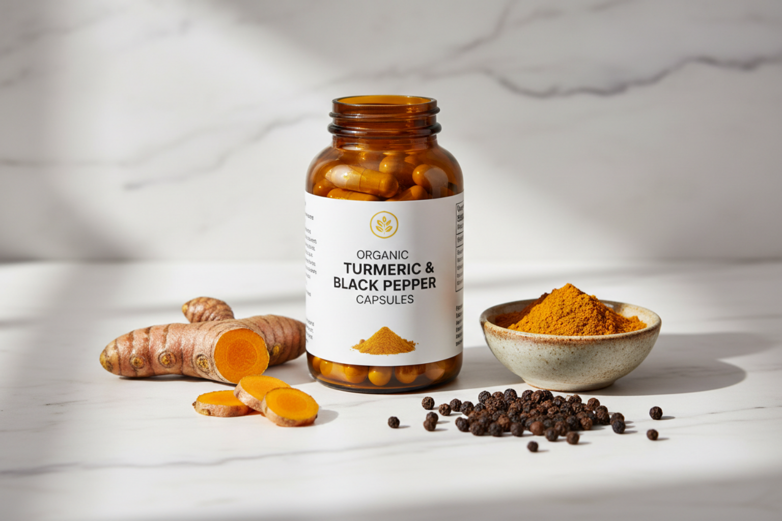 Organic Turmeric and Black Pepper Capsules with fresh turmeric root and black peppercorns