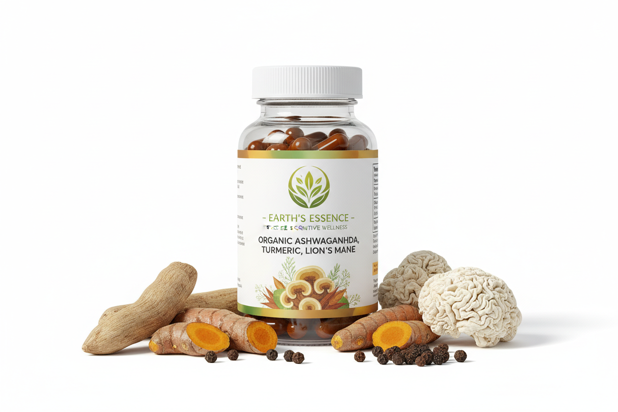 Supplement bottle labeled 'Earth's Essence' with natural ingredients on a white background