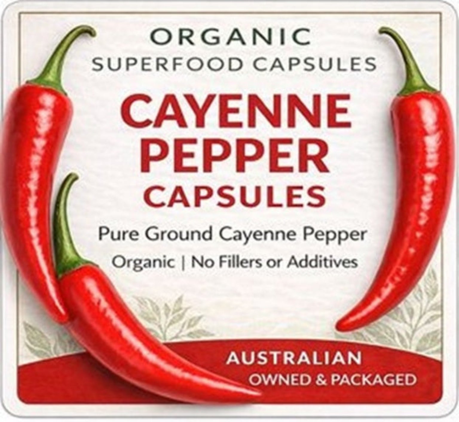Pack of organic cayenne pepper capsules with red peppers on a white background
